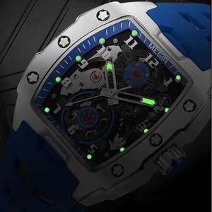 Montre mécanique automatique pour homme MEGIR 8602G, cadran tonneau, bracelet en caoutchouc, ajourée, étanche, lumineuse, de luxe - Product Image 4
