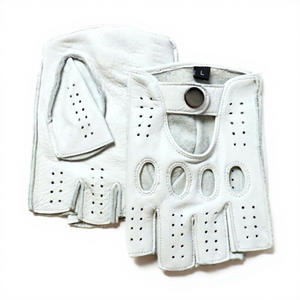 Guantes de Motociclista Retro de Cuero Genuino para <span class=keywords><strong>Hombre</strong></span>, de Medio <span class=keywords><strong>Dedo</strong></span>, Perforados y Transpirables, con Diseño en Contraste - Product Image 3