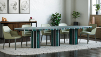 Table à manger ovale en marbre rayé DH avec incrustation, placage de pierre linéaire, base à trois colonnes cylindriques, mobilier de salle à manger design moderne