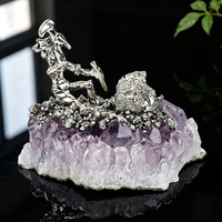 Ornement Figurine Minier en Améthyste et Pyrite, Spécimen Minéral Créatif, Décoration Chariot Minier pour Bureau
