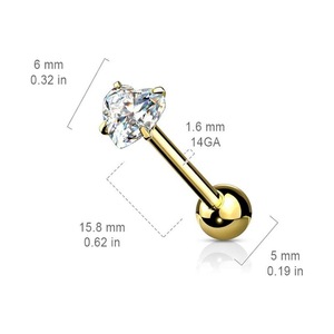 Piercing de langue en acier inoxydable en forme de cœur avec zircon rose, bijou 16G à filetage externe - Product Image 2