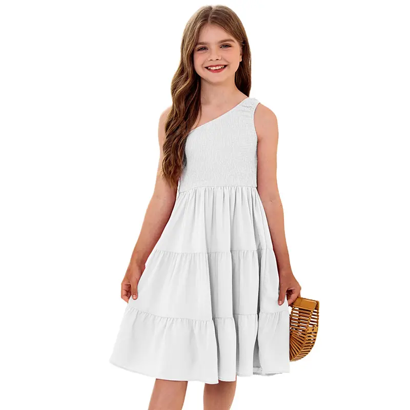 Pakaian anak-anak grosir untuk musim panas anak perempuan satu bahu gaun lucu dengan warna Solid Eropa dekorasi tepi kerutan