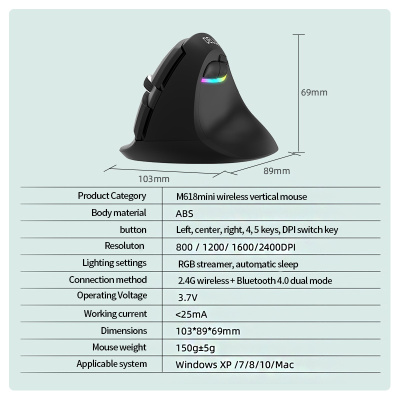Delux — MINI souris verticale optique sans fil, M618, jolie, féminine, originale