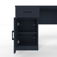 Bureau d'ordinateur en forme de L avec 2 armoires, 2 tiroirs, 11 étagères ouvertes, 1 étagère rabattable à droite, prise de courant, finition bleu antique