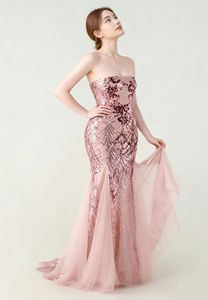 ストラップレススパンコールチュールエレガントでおしゃれなイブニングドレス宴会やパーティー - Product Image 4