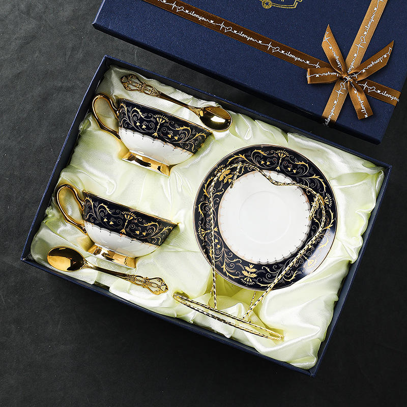 Classical blue two cup saucer spoon with cup holder gift box