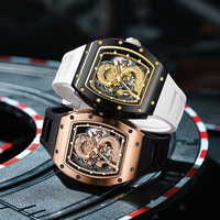 Montre mécanique automatique de luxe en or avec squelette de dragon, boîtier tonneau, mouvement 25 rubis, bracelet en silicone blanc, montre-bracelet pour homme