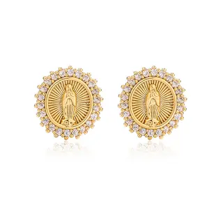 wholesale fashion copper alloy rhinestone beads virgin mary stud earring jewelry round studs for women