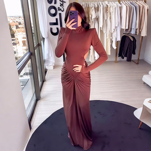 Vestido Maxi Elegante de Cuello Alto y Espalda Descubierta con Manga Larga para Mujer, Vestido de Fiesta Sexy Fruncido Ajustado para Otoño - Product Image 6