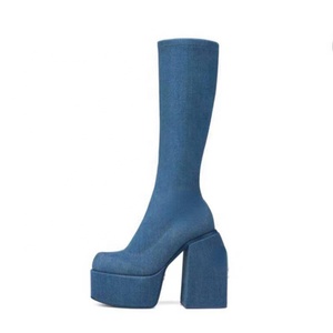 Stretch Denim Square Toe Thick Heel Boots Knee High Platform Women <b>Shoes</b> Winter Comfortable Solid Fashion Booties - Product Image 1