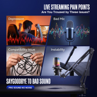Microphone à condensateur USB Type-C SU5 AI avec bras articulé, lumière RGB, suppression du bruit sans fil pour le gaming, les podcasts et le streaming en direct