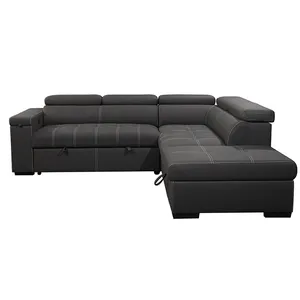 Set di Divani in Pelle Effetto Pietra per Soggiorno Europeo, <span class=keywords><strong>Divano</strong></span> a L con <span class=keywords><strong>Letto</strong></span> Estraibile e Tavolino da Caffè Integrato - Product Image 3