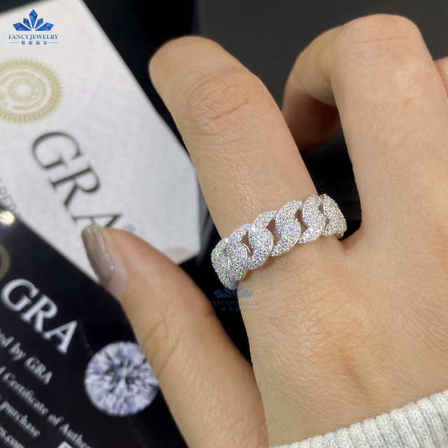 925 Sterling Silver Men's Ring with 3 Row Cuban Link VVS Moissanite Gold Plating Hip Hop Bling Style for Wedding Parties