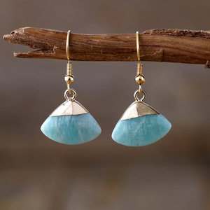 Natural Stone Fan Shaped Drop Earrings Geometric Design Amazonite Rose Quartz Bezel Setting <b>Light</b> Luxury Style Jewelry - Product Image 1