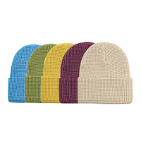 Op maat gemaakte 100% acryl waffle gebreide beanie muts winter gebreide muts met geribbelde boord en geborduurd logo voor heren en dames