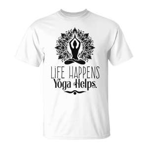 Camiseta de manga corta con cuello redondo unisex para adultos, ropa promocional con la frase Life Happens Yoga Helps - Product Image 1