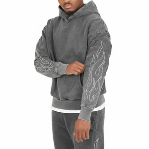 Survêtement en molleton à capuche avec broderie usée, pantalon de survêtement évasé, survêtement délavé à l'acide - Product Image 1