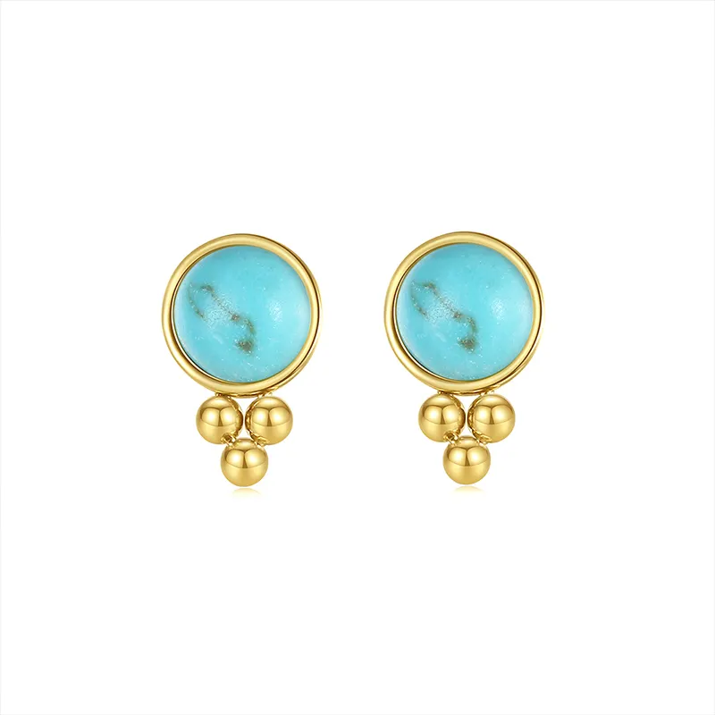 Hot Selling Blue Turquoises Stone Stud Earrings 18K Golden Stainless Steel Jewelry for Lady Women Girls
