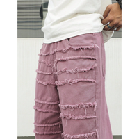 Jean large à jambes larges pour homme, couleur mauve, à volants, délavé, franges multi-couches, denim baggy, streetwear, tendance, pantalon ample, lavage