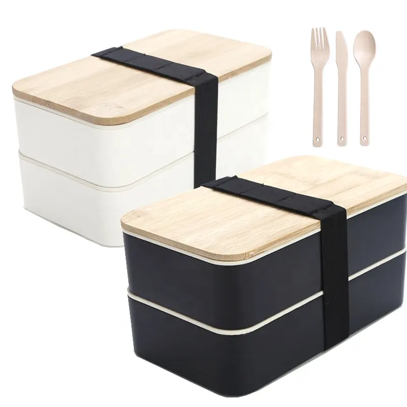 2 Layer Draagbare Japanse Stijl Bento Lunchbox Uitneembare Compartimenten Plastic Lunchbox Met Bamboe Deksel Voor Camping Kantoor