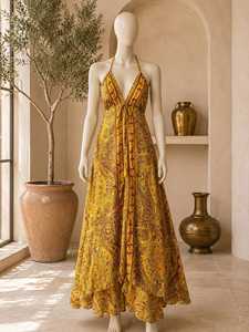 Women's Silk Floral Halter V-neck Floor-Length Chiffon Woven Summer Boho <b>Beach</b> Flowy A-Line Dress Holiday Celebration - Product Image 2