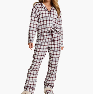 <span class=keywords><strong>Ensemble</strong></span> <span class=keywords><strong>de</strong></span> pyjama pour femmes en flanelle rouge à carreaux avec logo sur le devant, manches longues, boutonné, taille élastique, printemps été, 2 pièces - Product Image 1