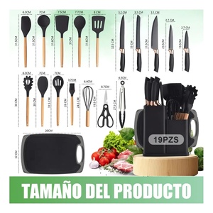 Ustensiles de cuisine en silicone, spatules, couteaux, ensemble de 19 pièces avec bloc à couteaux et planche à découper - Product Image 3