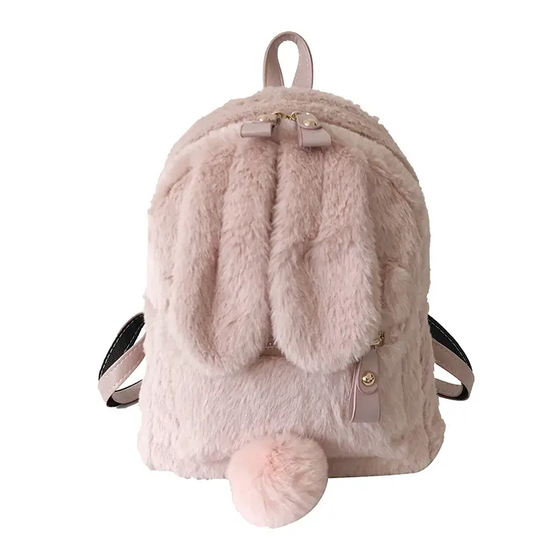 2021 trendy plush faux fur women shoulder straps bag school bag mini long ears bunny Rabbit plush backpack