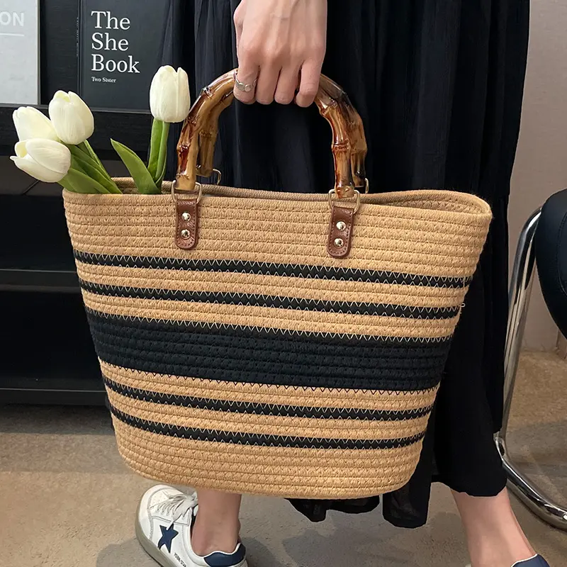 Factory Price Beach Bag With Bamboo Handles Cotton Rope Handbag Women Tote Bag For Summer