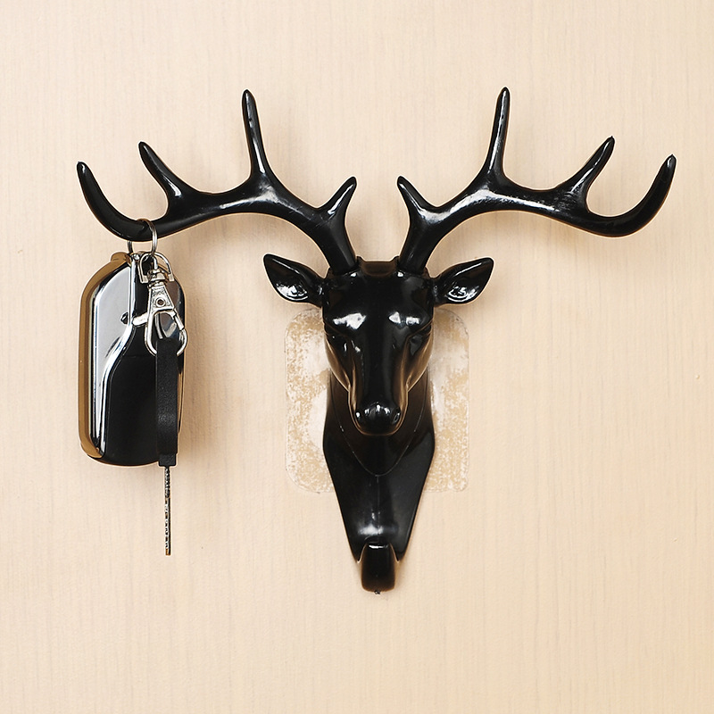 Black Creative Antler Home Decoration Resin Hook Wallhook for Key Personality Animal Deer Head Free Punch Towels Wall Hook