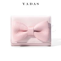 Dompet Lipat Tiga Mini Motif Pita Lucu Wanita Warna Macaron Bahan Kulit PU Tempat Kartu Dompet Saku Kecil Dompet Koin Uang Tunai Kartu untuk Wanita