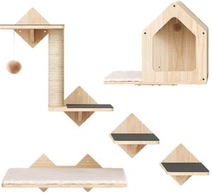 Estante de Pared para Gatos de Madera, Juego de 5 Piezas, Muebles de Pared para Gatos con Casa, Escalones, Poste Rascador - Product Image 1