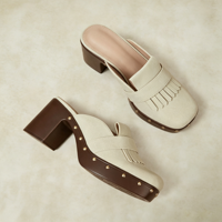 Mules à franges pour femmes, plateforme, talon carré, en daim, clous dorés, style Kiltie, bout carré, à enfiler, sans talon, style bohème, sabots épais
