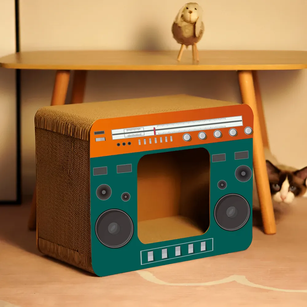 PETCHEER Retro Radio TV Fun Vertical Corrugated Paper Wear-resistant Cat Scratcher House