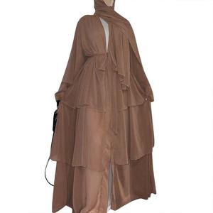 Elegante Kimono in Chiffon Dubai Turkey Oman a 3 strati tinta unita abbigliamento islamico aperto da donna-abiti musulmani Abaya - Product Image 4