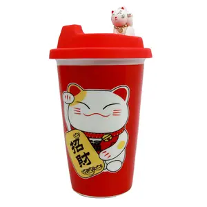 Tasse en céramique avec couvercle en Silicone, pour boissons, 1 pièce de collection, porte-bonheur, Maneki Neko, rouge