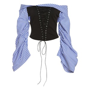 Camicia stringata a righe monospalla Sexy da donna autunno manica lunga e Mini abito corto alla moda 2 pezzi - Product Image 4