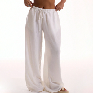 OEM Custom Womens Holiday Textured <b>Linen</b> Feel Tie Waist Wide Leg <b>Trousers</b> Summer Elegant Beach Vacation Loose Flowy Pants - Product Image 1