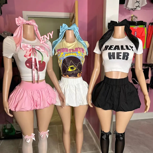 时尚百褶裙套装女性两件套衬衫 + 裙子套装女性俱乐部服装和泡泡迷你裙性感两件套 - Product Image 1