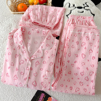Pyjama pour femmes en polyester à bas prix, imprimé léopard en forme de cœur, manches courtes, ensemble respirant, ensemble imprimé trois pièces pour femmes, été
