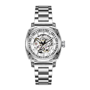 Montre mécanique entièrement automatique, tendance, à la mode, avec fleur sculptée, diamants incrustés, bracelet en cuir véritable, aiguilles lumineuses. - Product Image 6