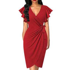 <span class=keywords><strong>Robe</strong></span> moulante élégante pour femme à col en V et manches à volants, couleur unie ou imprimé floral, coupe ajustée, longueur midi, idéale pour les fêtes, le bureau ou le quotidien - Product Image 3