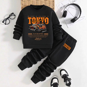 Tenue noire pour petits garçons, sweat-shirt à col rond avec lettres imprimées et pantalon de <span class=keywords><strong>jogging</strong></span> à taille élastique, ensemble de vêtements décontractés pour <span class=keywords><strong>enfants</strong></span> - Product Image 1