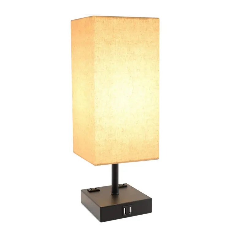 Smart modern fabric shade USB charging port and outlet square metal base table beside lamp