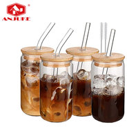 ANJUKE 4 tasses en verre de 16oz tasses à café glacé avec couvercles-verre de canette de bière avec couvercles et paille ensemble verres à boire tasses