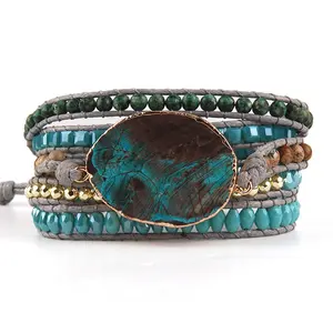 Thời Trang Phụ Nữ Đính Cườm Đồ Trang Sức Handmade Hỗn Hợp Đá Tự Nhiên Tinh Thể Thủy Tinh Màu Xanh Châu Phi Turquoise 5 Sợi Bọc Vòng Đeo Tay - Product Image 4