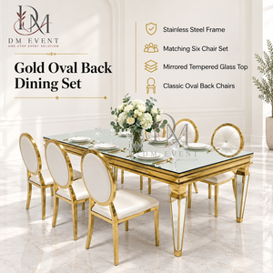 Ensemble de table à manger en acier inoxydable de qualité supérieure avec des chaises à dossier ovale pour les banquets de mariage, vente en gros - Product Image 1