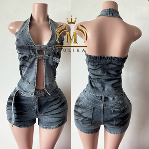 Boutique Summer Women's <strong>Denim</strong> Outfits <strong>Stretch</strong> Print Crop Top+Shorts Matching Sets Ladies Y2K <strong>Denim</strong> Two Piece Set Women Clothing - Product Image 2