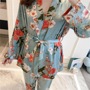 3PCS Women Pajamas Set <strong>Lady</strong> Emulation <strong>Silk</strong> <strong>Pyjama</strong> Sets Flower Sleepwear Female Leopard Satin Homewear With Removable Padded - Product Image 2