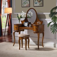 Table de toilette antique en bois massif avec miroir et tabouret, coiffeuse classique à pieds courbes pour chambre à coucher avec rangement pour maquillage